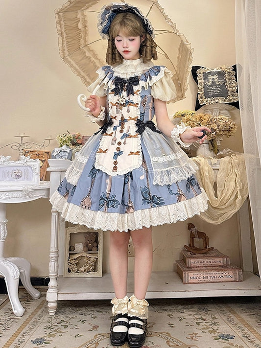 Knife and Fork Print Blue Peter Pan Collar Sweet Lolita Jumper Skirt