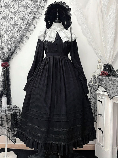 Black Gothic Kuro Lolita High Waist Long Sleeves Dress + Collar