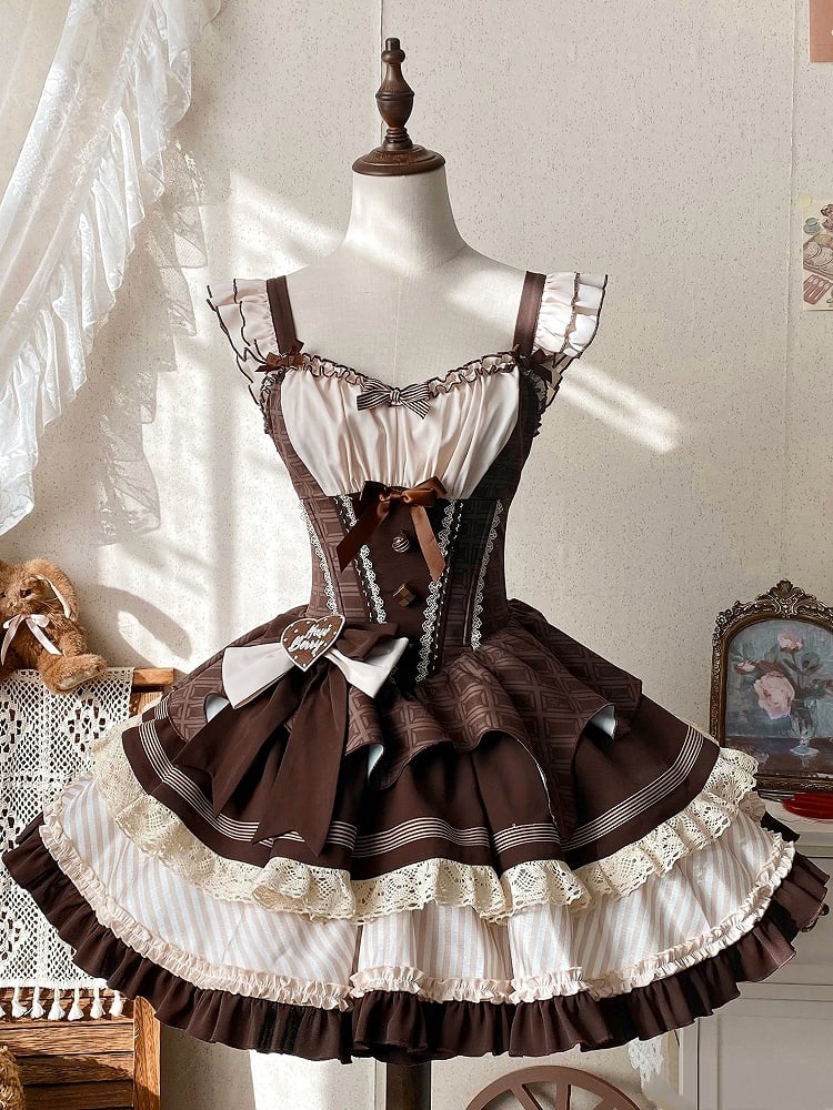 Brown Boned Waist Chocolate Print Puffy Dress Sweet Lolita Jumper Skirt