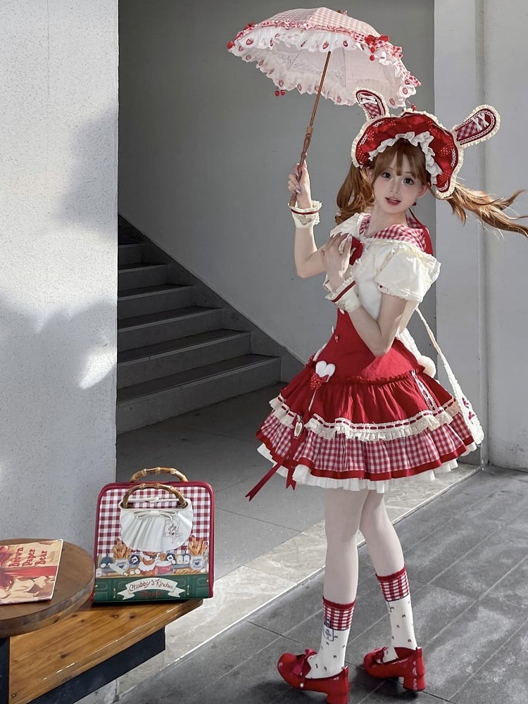 Apple Red Slim Fit Dropped Waist Lolita Dress + Short Sleeves Cropped Top with Oversized Bunny Ears