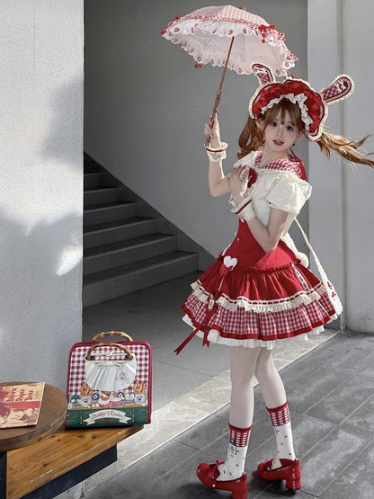 Apple Red Slim Fit Dropped Waist Lolita Dress + Short Sleeves Cropped Top with Oversized Bunny Ears
