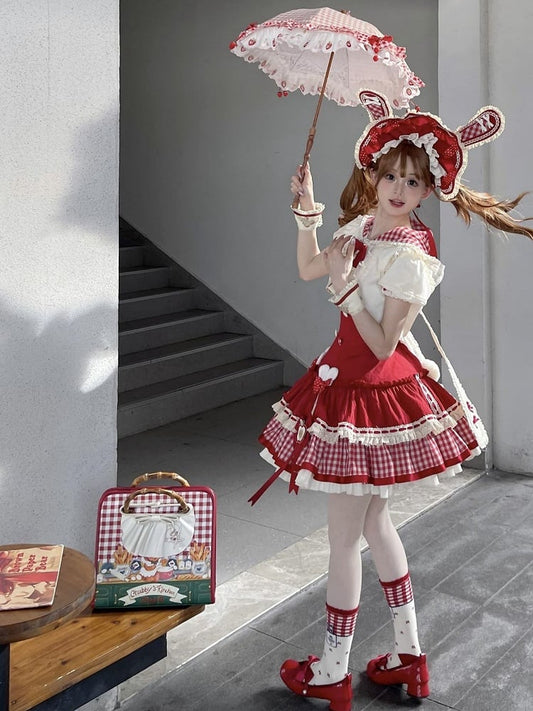 Apple Red Slim Fit Dropped Waist Lolita Dress + Short Sleeves Cropped Top with Oversized Bunny Ears
