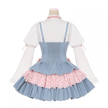 Sweet Lolita Dress Blue and Pink Bowknots Lace-up Waist Balletcore Jumper Skirt