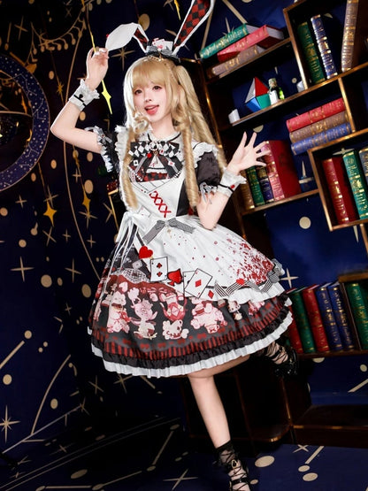 Alice in Wonderland Vibes Black and Red Bunny and Teapot Print Apron Dress Sweet Lolita OP / Full Set