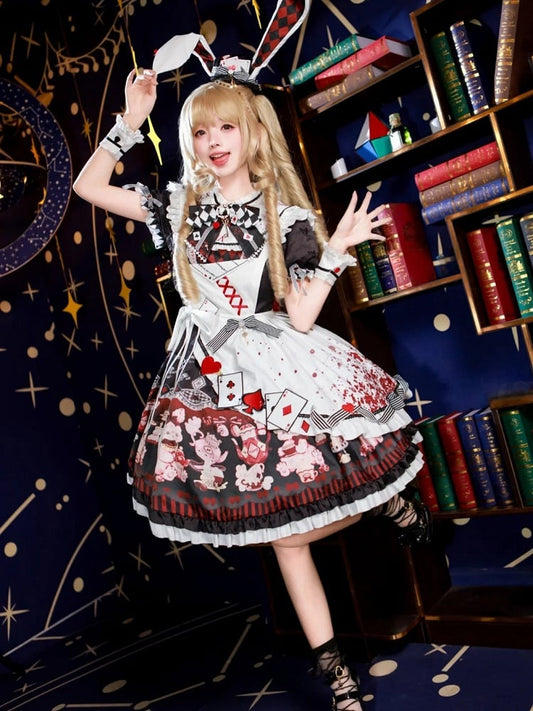 Alice in Wonderland Vibes Black and Red Bunny and Teapot Print Apron Dress Sweet Lolita OP / Full Set