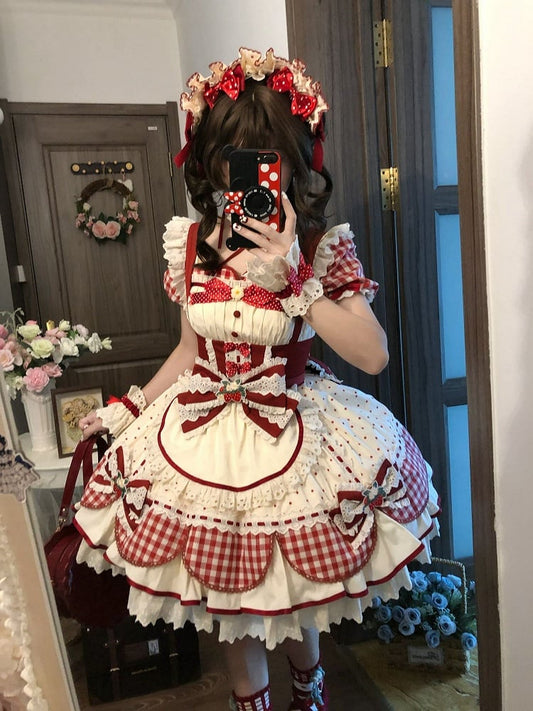 Strawberry Bows Red Gingham and Polka Dots Pattern Lolita Sweet Dress