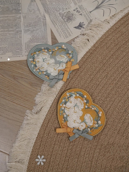 Mustard Yellow / Blue-Green Heart-shaped Brooch with Floral Embroidery