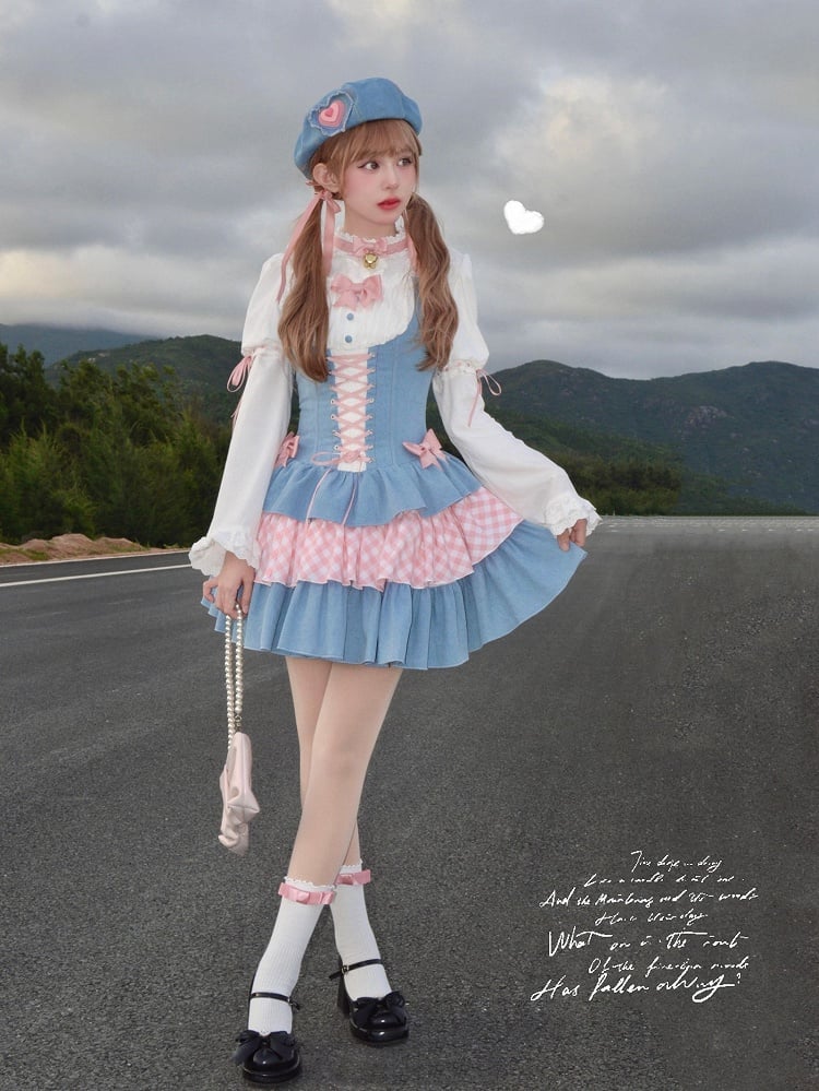 Sweet Lolita Dress Blue and Pink Bowknots Lace-up Waist Balletcore Jumper Skirt