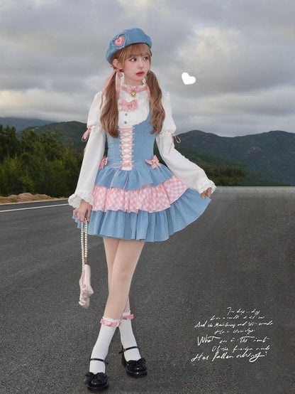 Sweet Lolita Dress Blue and Pink Bowknots Lace-up Waist Balletcore Jumper Skirt