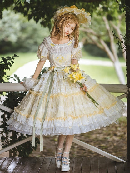 Yellow Princess Puff Sleeves Musical Note Embroidery Lolita Hime Tulle Dress