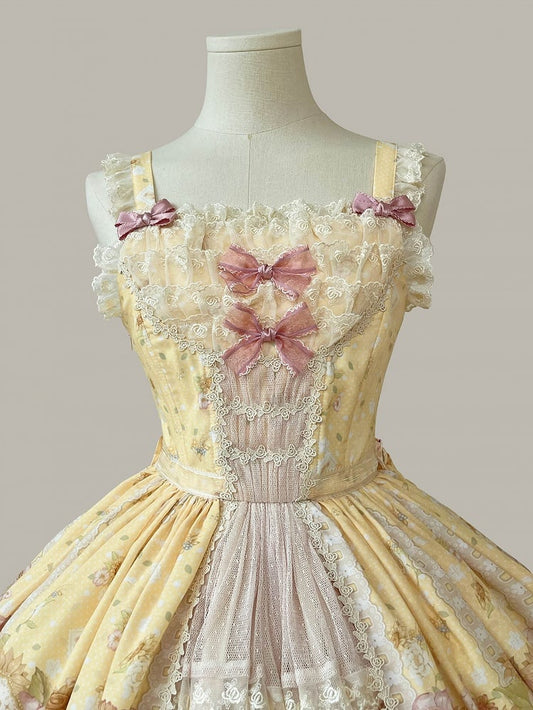 Farm Ducks and Sunflowers Print Yellow Sweet Lolita Jumper Skirt