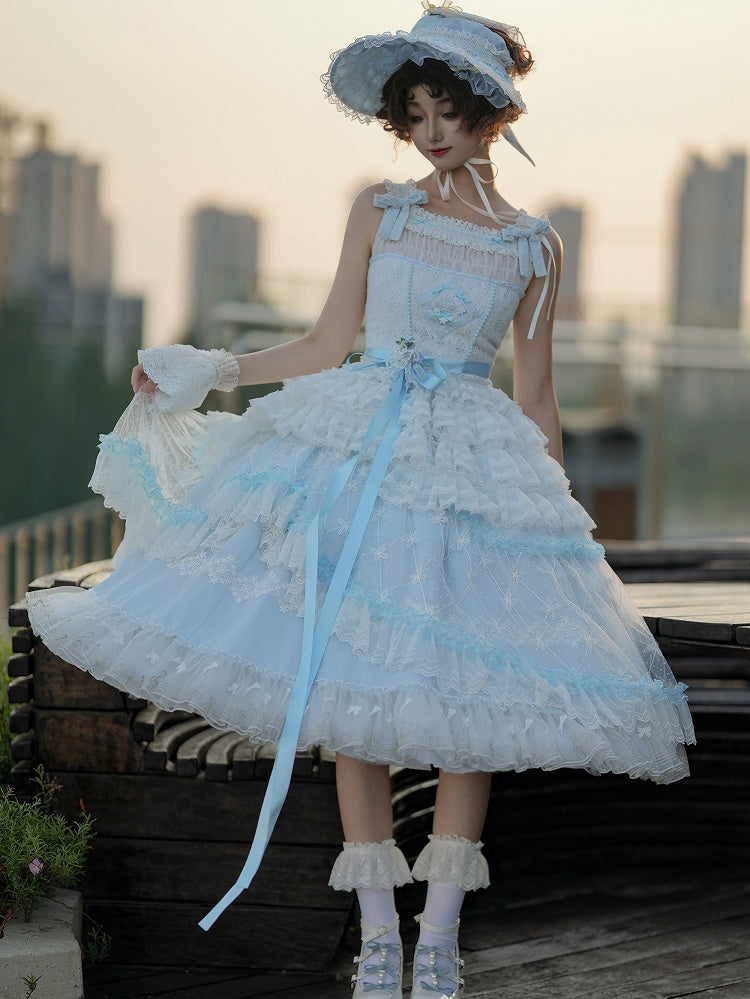 Blue Musical Note Embroidery Layered Tulle Skirt Princess Lolita Jumper Skirt