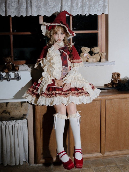 Magic Cabinet and Red Plaid Pattern Print Sweet Lolita Overall Dress Full Set