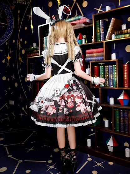Alice in Wonderland Vibes Black and Red Bunny and Teapot Print Apron Dress Sweet Lolita OP / Full Set