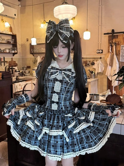 Blue Plaid and Heart Print Pattern Punk Lolita Short Sleeves Dress + Bloomers