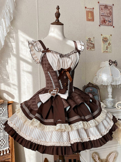 Brown Boned Waist Chocolate Print Puffy Dress Sweet Lolita Jumper Skirt