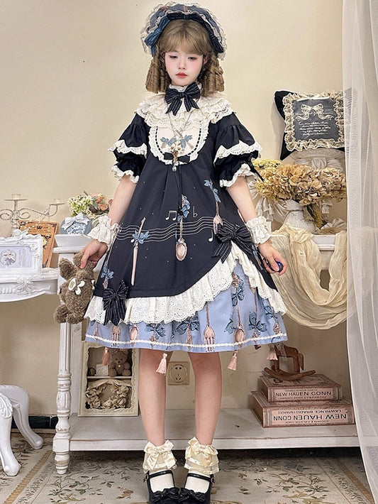Staff and Musical Note Print Short Sleeves Lolita Dress Tassel Charms Hemline
