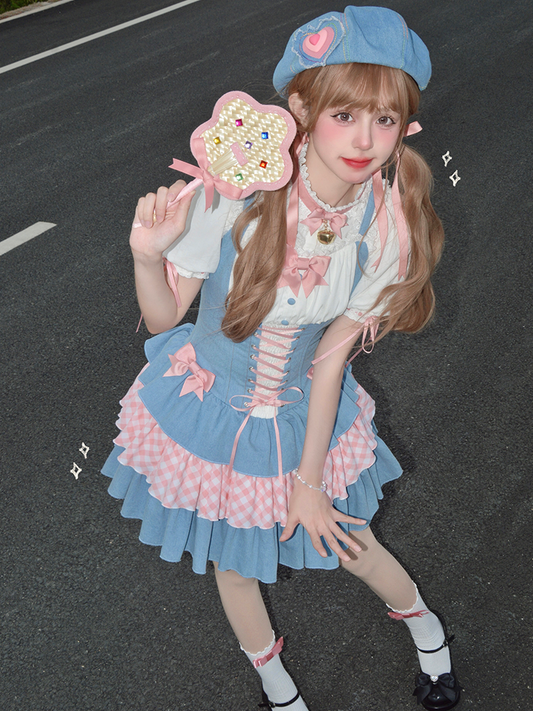 Sweet Lolita Dress Blue and Pink Bowknots Lace-up Waist Balletcore Jumper Skirt