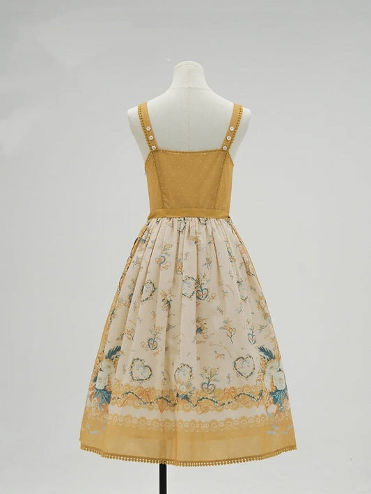 Cottagecore Country Lolita Jumper Skirt Mustard Yellow Floral Print Dress with Self-tie Waist Straps