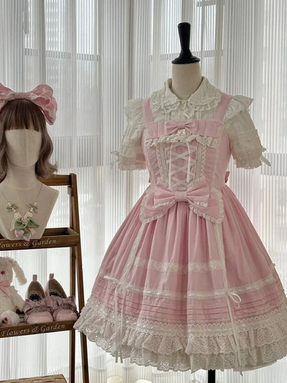Pink Sweet Cotton Dress Bowknot High Waist Lolita Jumper Skirt