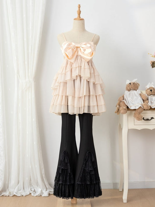 Black Corset Belt High Waist Lace Patched Flared Pants