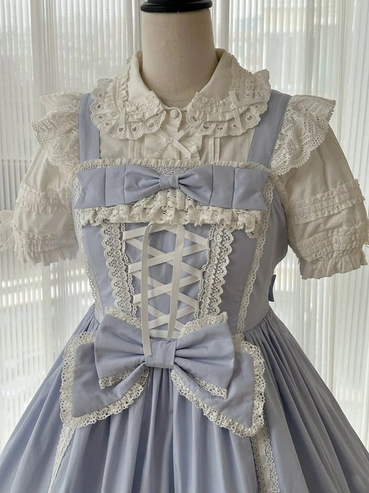 Blue Sweet Cotton Dress Bowknot High Waist Lolita Jumper Skirt