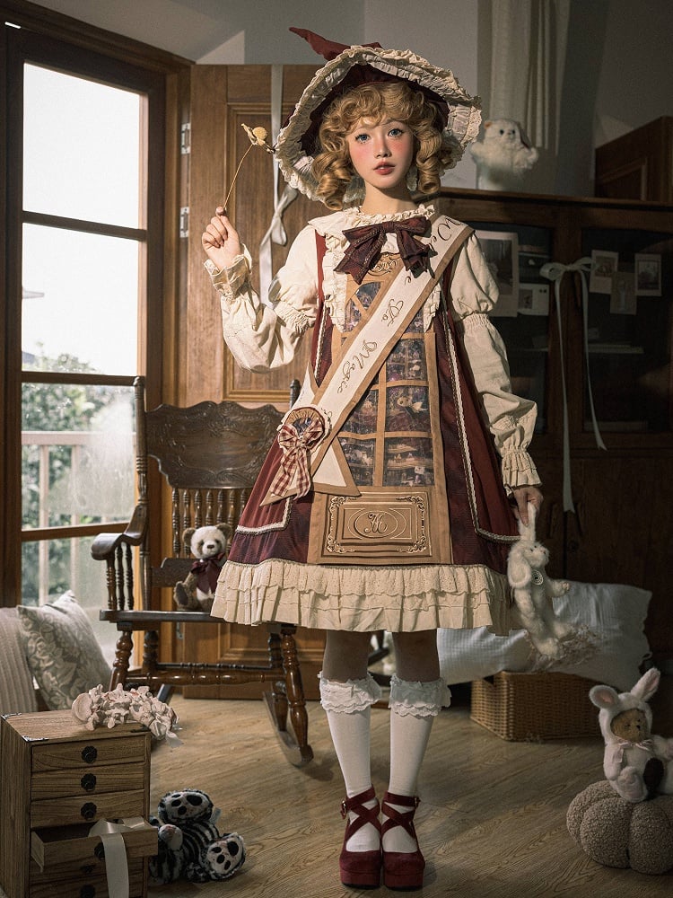 Red Plaid and Magic Cabinet Print Beige Long Sleeves Dress Sweet Lolita OP Full Set