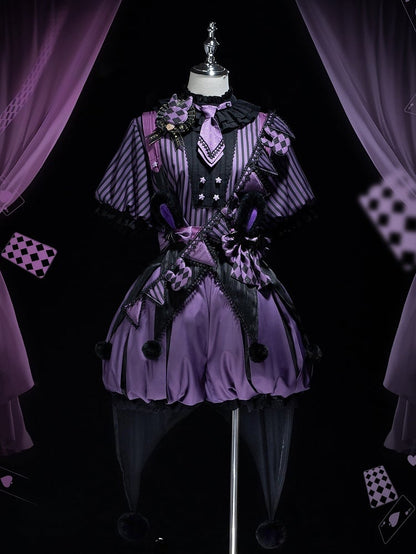 Clearance-Size L for Bust 100CM Kuromi Black and Purple Bunny Theme Circus Vibes Ouji Lolita Striped Pattern Top + Waist 64-74CM Bloomers Set