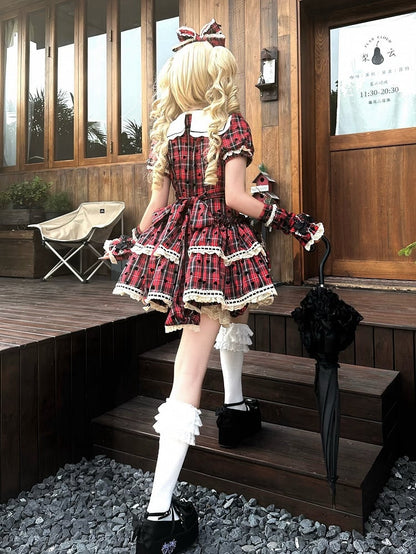 Red Plaid and Heart Print Pattern Punk Lolita Short Sleeves Dress + Bloomers