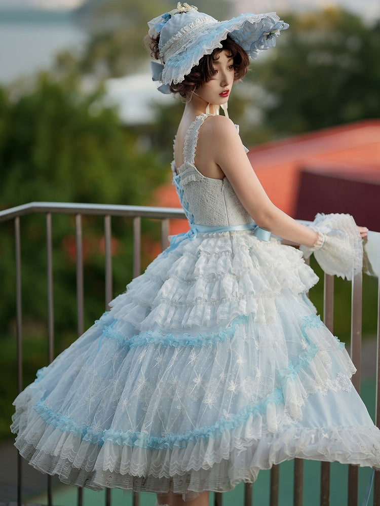 Blue Musical Note Embroidery Layered Tulle Skirt Princess Lolita Jumper Skirt
