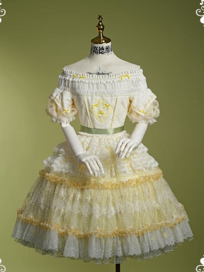 Yellow Princess Puff Sleeves Musical Note Embroidery Lolita Hime Tulle Dress