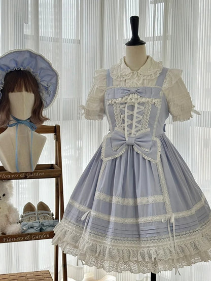 Blue Sweet Cotton Dress Bowknot High Waist Lolita Jumper Skirt