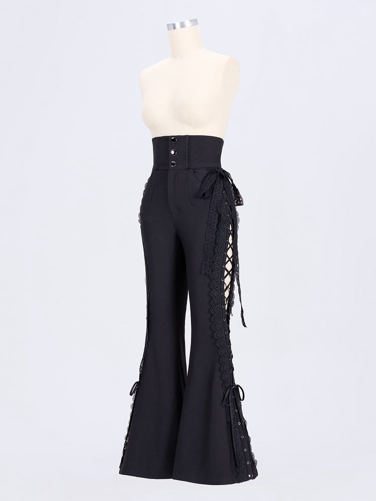 Boned High-Waisted Side-Tie Lace Flared Pants – Black Elegance