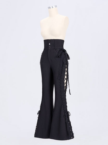 Boned High-Waisted Side-Tie Lace Flared Pants – Black Elegance