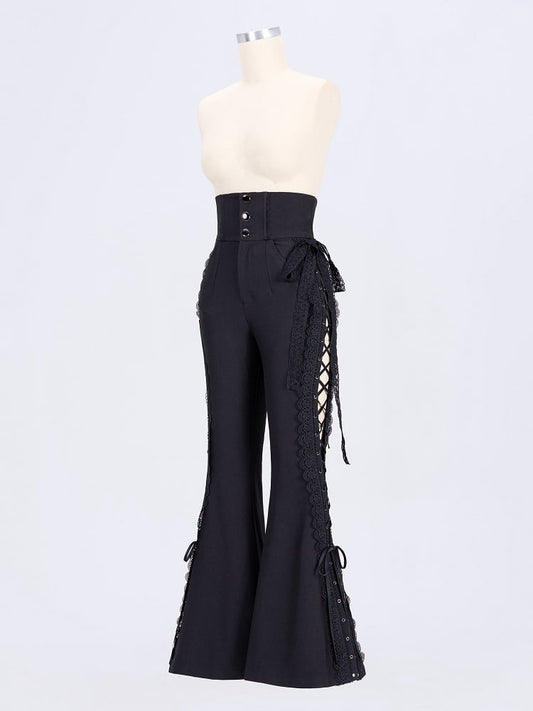 Boned High-Waisted Side-Tie Lace Flared Pants – Black Elegance