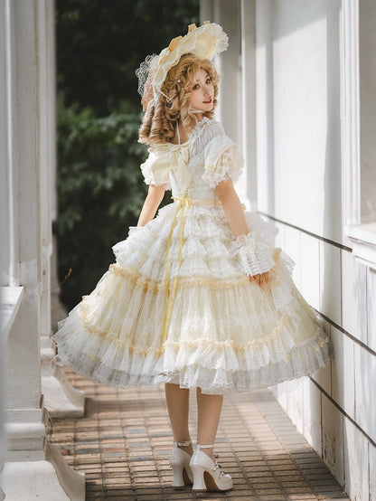 Yellow Princess Puff Sleeves Musical Note Embroidery Lolita Hime Tulle Dress