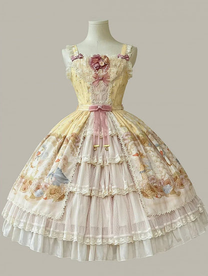 Farm Ducks and Sunflowers Print Yellow Sweet Lolita Jumper Skirt