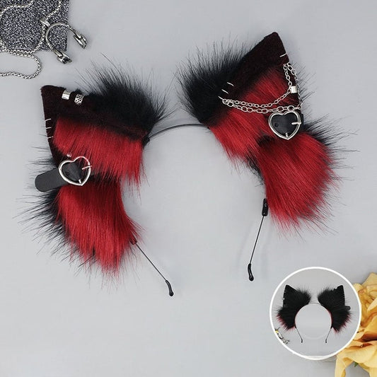 Black&White/Gray/Red Punk Lolita Heart Buckle Details Shaggy Kitty Ear KC