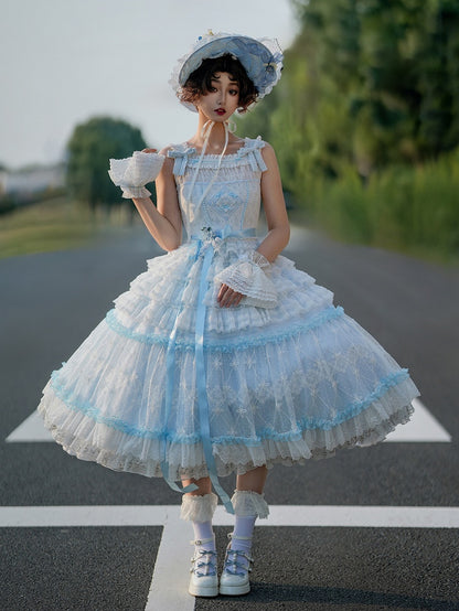 Blue Musical Note Embroidery Layered Tulle Skirt Princess Lolita Jumper Skirt