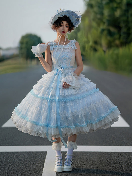 Blue Musical Note Embroidery Layered Tulle Skirt Princess Lolita Jumper Skirt