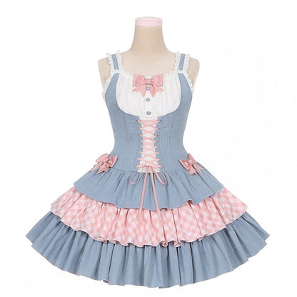 Sweet Lolita Dress Blue and Pink Bowknots Lace-up Waist Balletcore Jumper Skirt