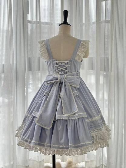 Blue Sweet Cotton Dress Bowknot High Waist Lolita Jumper Skirt