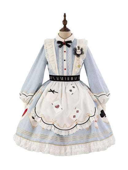 Alice in Wonderland Vibes Blue Sweet Lolita Dress with Poker Embroidery Apron and Big Bow Train